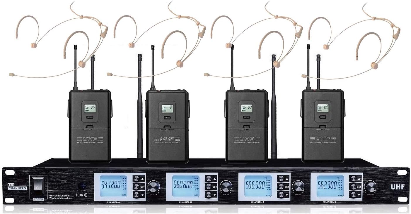 Bolymic 4 x100 Channel UHF Professional Wireless Cordless Beige Skin Color Headset Headworn Microphone mic System for Stage Presentation Theater Speech Drama Stage Play (FCC Compliance)