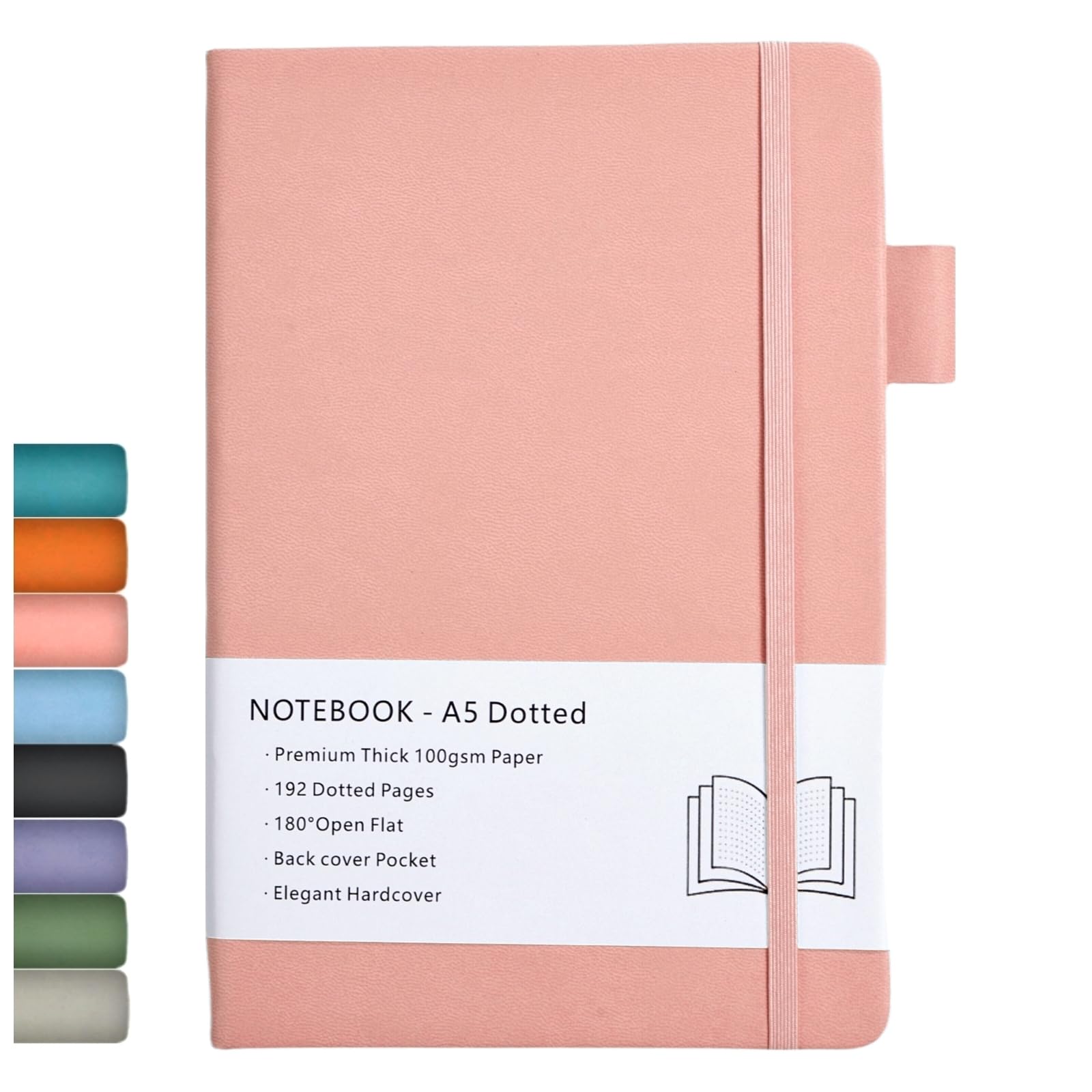 Dotted Notebook A5, Hard Cover Dotted Journal with Premium 100 GSM Thick Paper, Inner Pocket, Elastic Banded, Faux Leather Cover, 192 Pages, 14.5X21.3 cm (Pink) — image 1