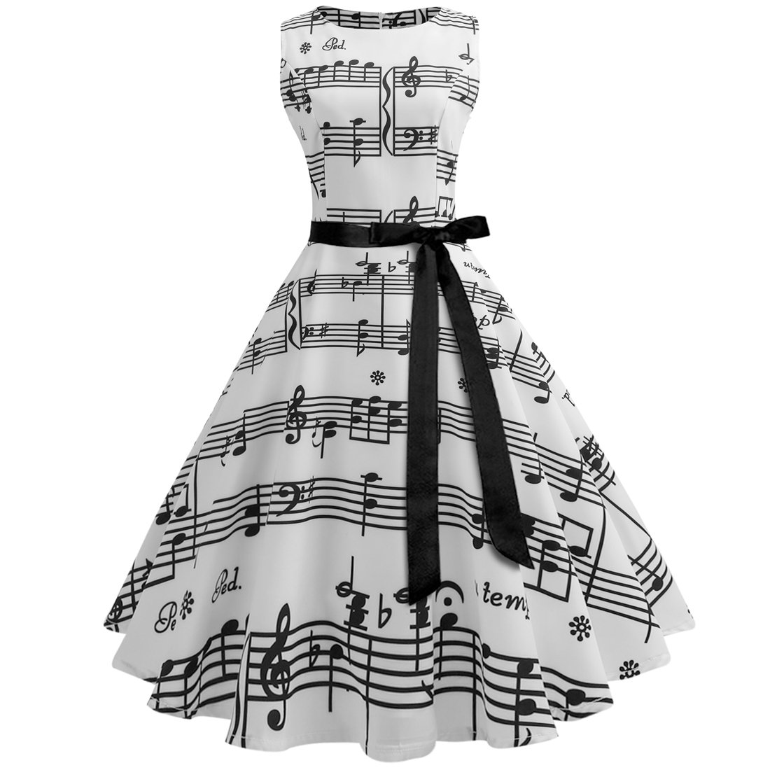 WellwitsWomen's Boat Neck Sash Tie Music Note Print Midi Swing Dress