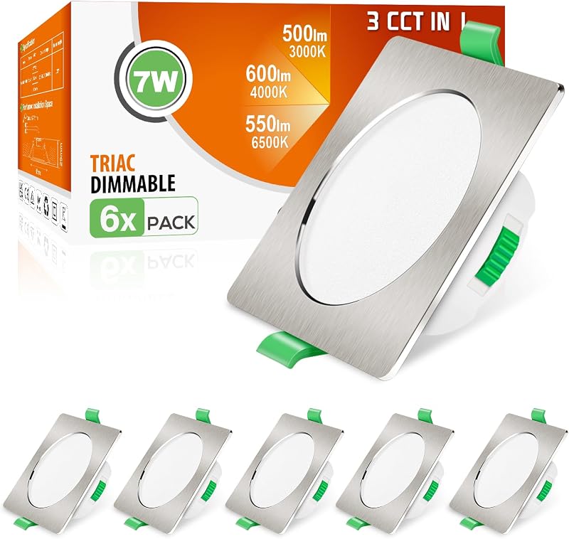 ALUSSO 6 Pack Square LED Downlights 7W Dimmable 3CCT 3000K 4000K 6500K IP44