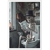 Funny Horror Skeleton Reading A Newspaper In The Toilet Print Picture Poster Whimsical Creepy Canvas Painting Wall Art Home Bathroom Room Decor Aesthetics 12X18 in Unframed