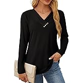 SHEWIN Women Long Sleeve Lightweight Tunic Tops Casual V Neck Pleated Button Warm Tee Shirts