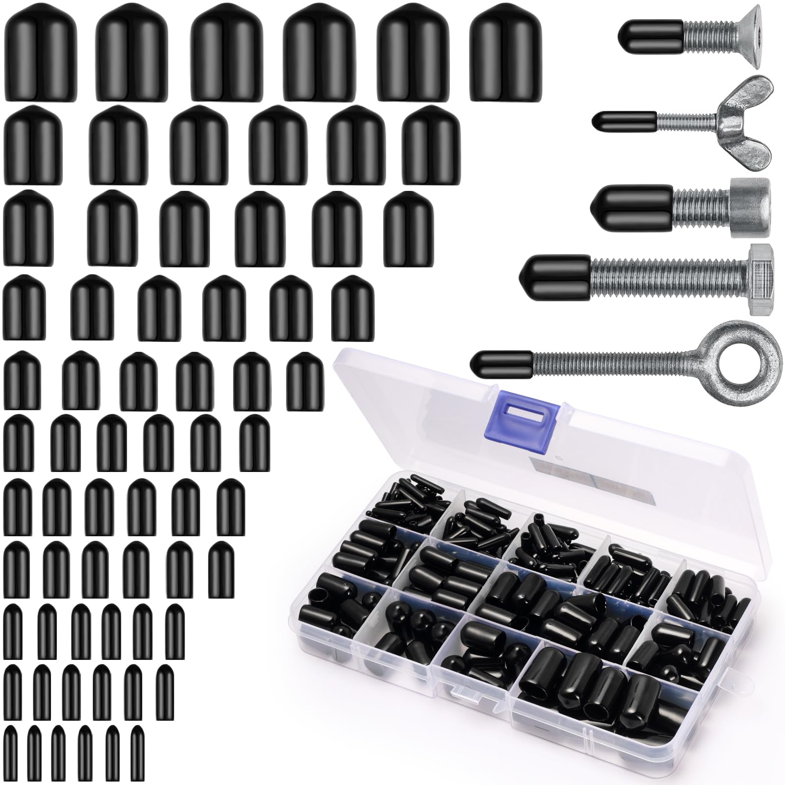 Realure 250Pcs/11Sizes Round Rubber End Caps 10mm 9mm 8mm 7mm 6mm 5mm 4mm 3.5mm 3mm 2.5mm 2mm PVC Bolt Cover Screw Thread Protectors Caps for Screw Vinyl Tube Wire Ropes Metal Rods