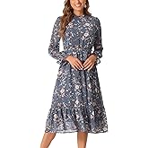 Allegra K Fall Casual Floral Dress for Women 2025 Long Sleeve Crew Neck Chiffon Midi Tea Party Ruffle Dresses