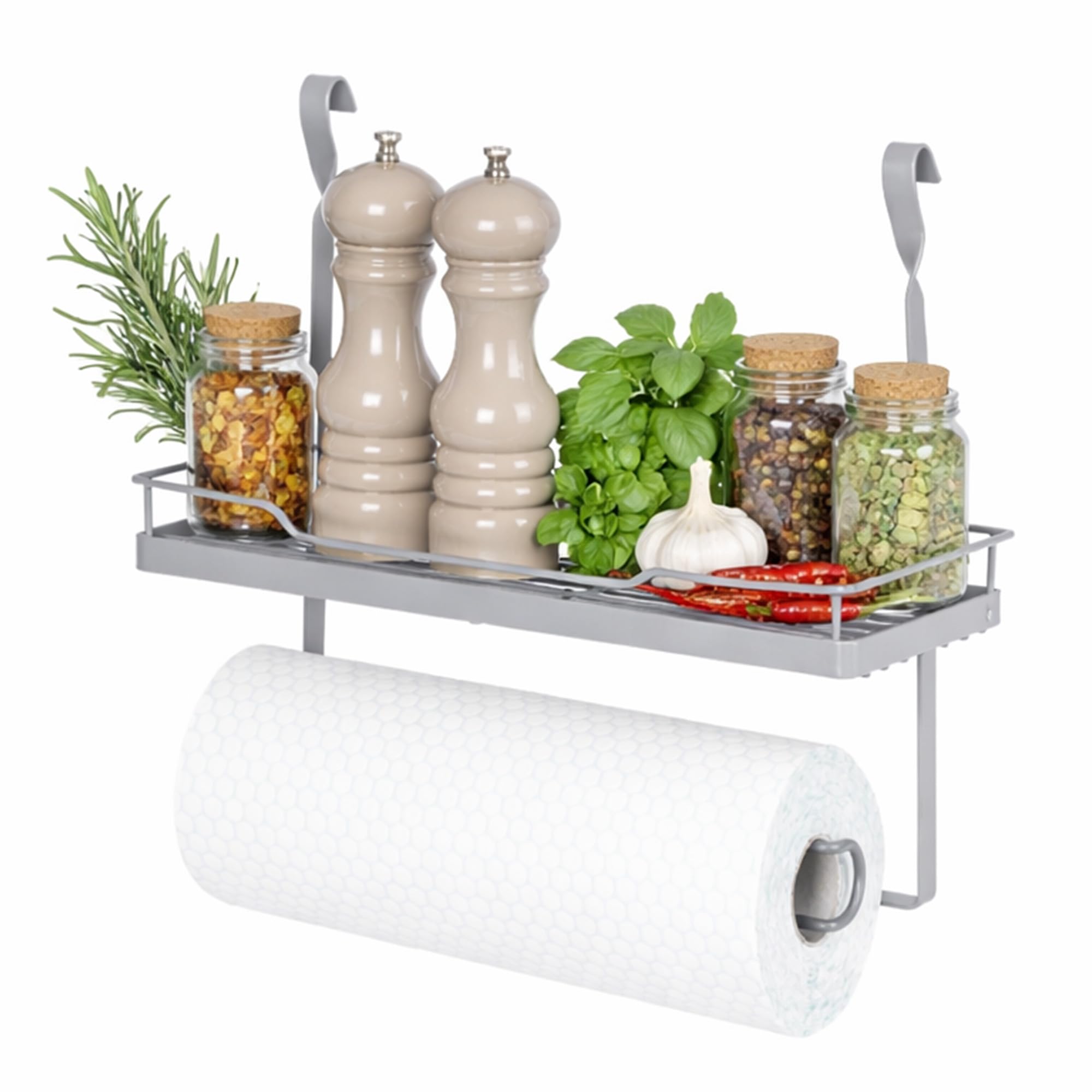 LIVIVO Hanging Storage Kitchen Shelf & Paper Towel Holder Dish Plates Bowl Tumbler Glasses Utensil Cutlery Knives Pots Rack (Shelf & Paper Towel Holder, Grey)