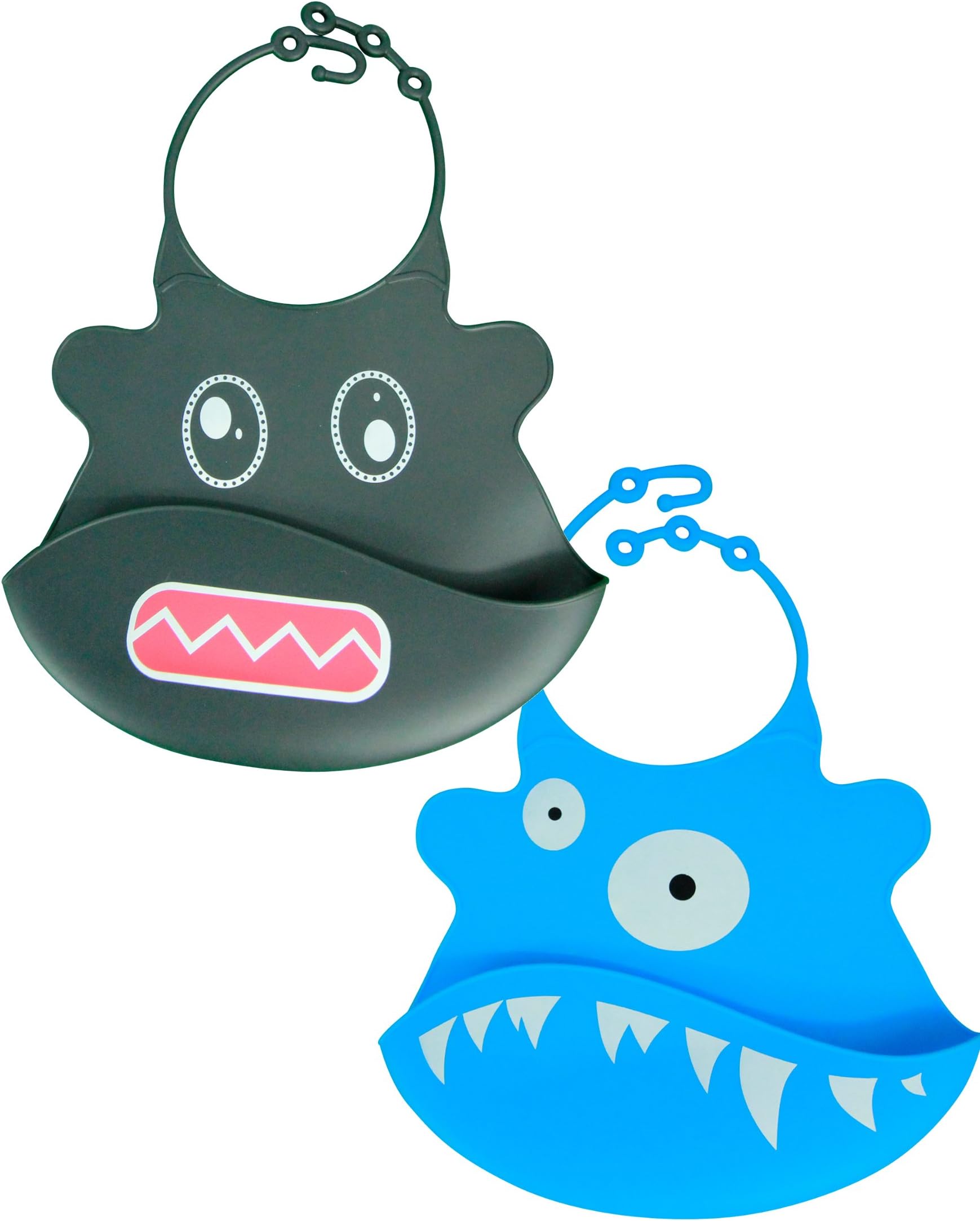 Rowdy the Robot and Blue the One Eyed Monster Silicone Baby Bib 2 Pack - Tykes and Tails - Wipeable Food Grade Ultra Flexible Design for Ultra Comfort for your Baby