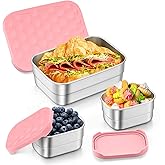 TeamFar Stainless Steel Lunch Box, Food Snack Storage Bento Containers with Silicone Lids for Kids Adults to School Work, Kids Friendly & Dishwasher Safe, Leak-Proof & Easy Open, 25OZ + 8OZ*2 (Pink)