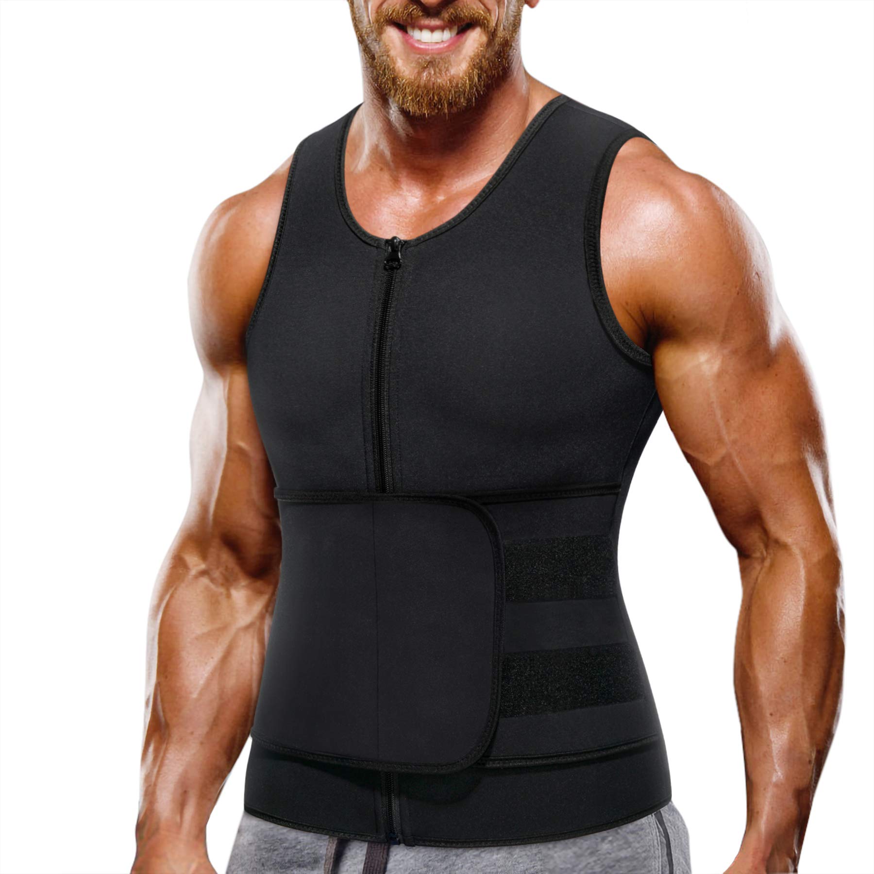 Bingrong Mens Sauna Suit Neoprene Waist Trimmers Belt Slimming Sweat Vest Waist Trainer Vest Zipper Body Shaper with Adjustable Tank Top Exercise Sauna Shaper