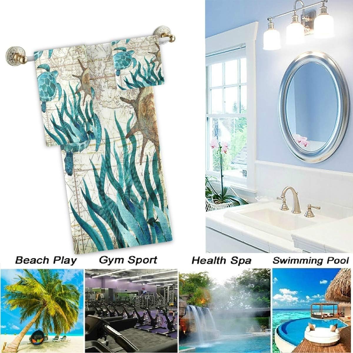 Naanle Vintage Ocean Sea Turtles Starfish Map Soft Luxury Decorative Set of 3 Towels, 1 Bath Towel+1 Hand Towel+1 Washcloth, Multipurpose for Bathroom, Hotel, Gym, Spa and Beach: Home & Kitchen