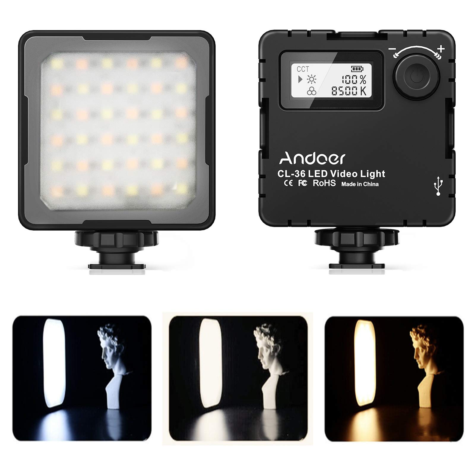 CL-36 LED Video Light, Andoer Camera Light Rechargeable with 2000mAh Battery, 2800K-8500K Dimmable Portable Light Photography with 3 Cold Shoe LCD Display for Filming Youtube DSLR Camcorder Shooting