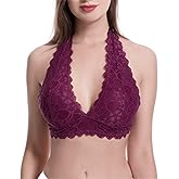 Floral Lace Halter Bras for Women Wirefree Unpadded Halter Bralette Breathable Sexy Deep V Lace Bralette