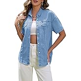 Hersuitful Women's Denim Shirt Casual Short Sleeve Button Down Chambray Blouse Summer Jean Shirt Tops