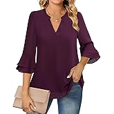 Lotusmile Womens Tops Dressy Casual 3/4 Tiered Bell Sleeve Blouses Double Layered Chiffon Work Tunic Shirts