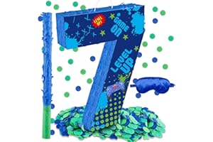 LCOOR Video Game 7th Birthday Decorations, Video Game Number 7 Piñata with Blindfold Stick and Confetti for Level Up Sandbox Game Level 7 Birthday Party Supplies (7th)