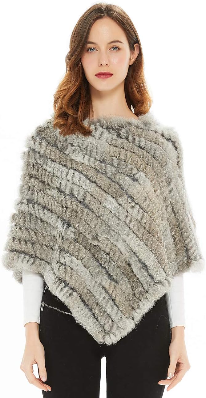 Women's Knitted Genuine Rabbit Fur Cape Poncho for Winter