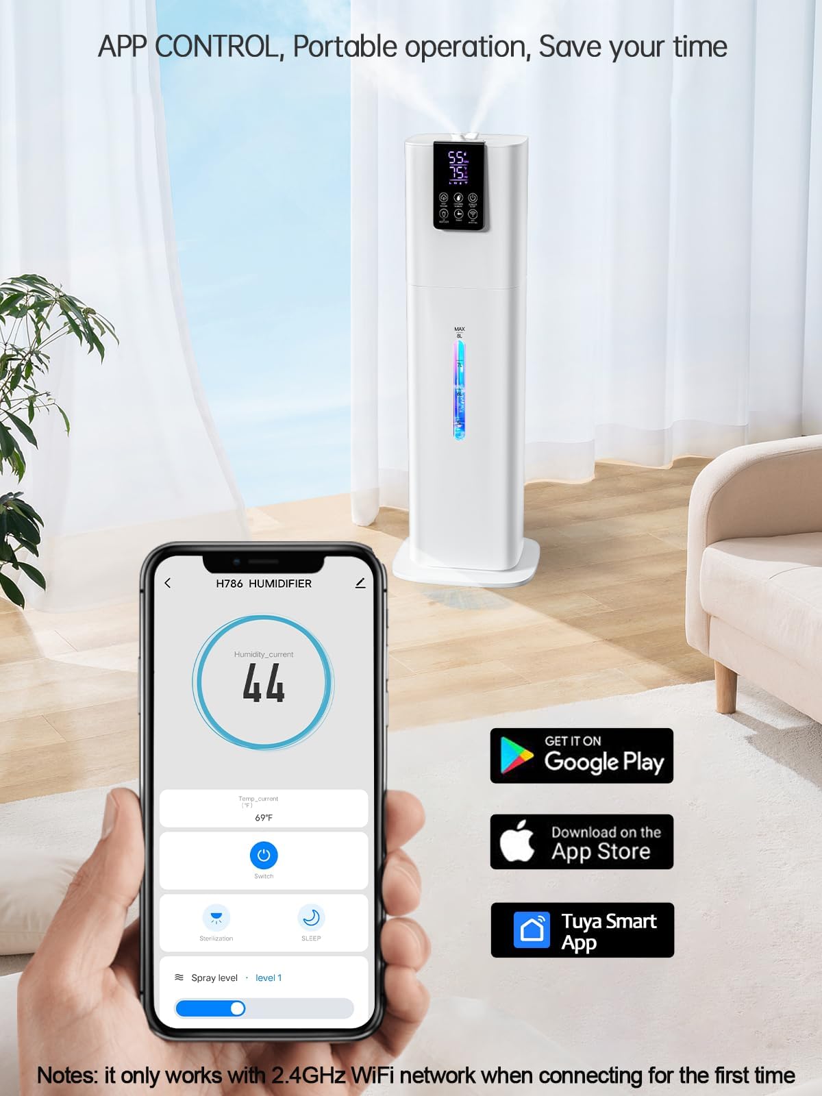 Condition photo showing As Is for 8l smart humidifiers for bedroom large room, 2.1gal cool mist top fill diffuser ambient light, app &
