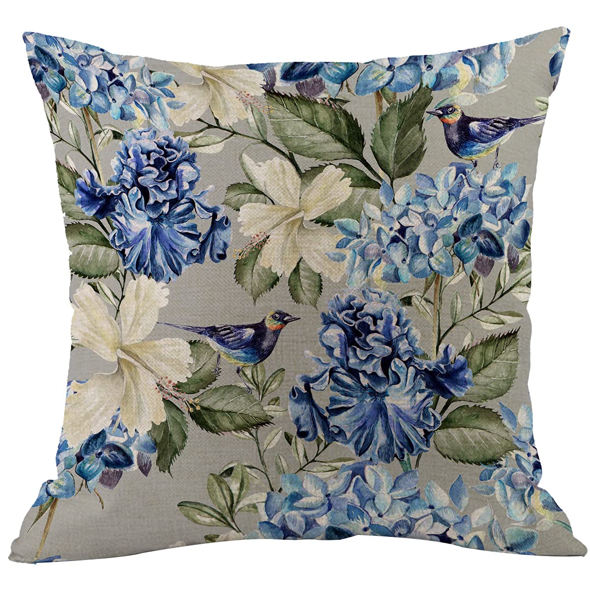 CANSEGO Floral Throw Pillow Cover Spring Plant Blue White Flowers Hydrangea Hibiscus Iris Bird Green Leaf Pillowcases Home Decorative Cotton Linen Pillow Cushion for Sofa Chair 18x18 Inch