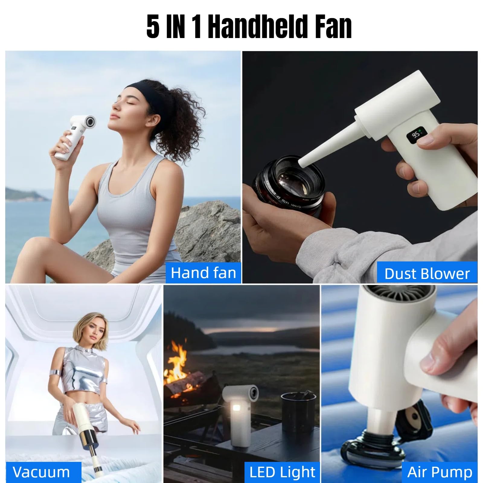 Portable Powerful Handheld Fan, 80,000 RPM High-Speed Turbo Personal Fan, 6 Gear Wind, 5000mAh Rechargeable Battery with LED Light & Multi-Function Dust Kit for Car Cleaning /Travel /Camping /Makeup