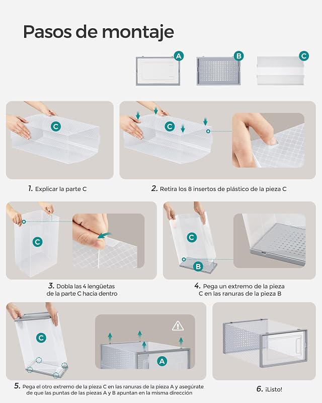 Cajas de Zapatos Plástico, Juego de 18 Organizadores de Almacenamiento, Caja Zapatero Plástico Plegable y Apilable para Zapatillas hasta talla 44, Transparente y Gris LSP006G18