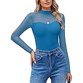 Avidlove Long Sleeve Bodysuits for Women Mock Neck Sheer Mesh Sleeve Bodysuit Double Lined Leotards Shirt Going Out Top