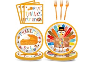 CHUNNIN 96Pcs Thanksgiving Party Plates and Napkins for Turkey Party Supplies Gobble Give Thanks Pie Disposable Tableware Set for Kids 24 Guests Dessert Dinnerware Autumn Party Decorations