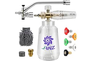 JANZ Foam Cannon for Pressure Washer, Adjustable Snow Foam Lance with 1/4 Inch Quick Connector, 1 Liter Bottle, 5 Pressure Washer Nozzle Tips, Car Wash Mitt, Replaceable Orifice Nozzle and Foam Maker