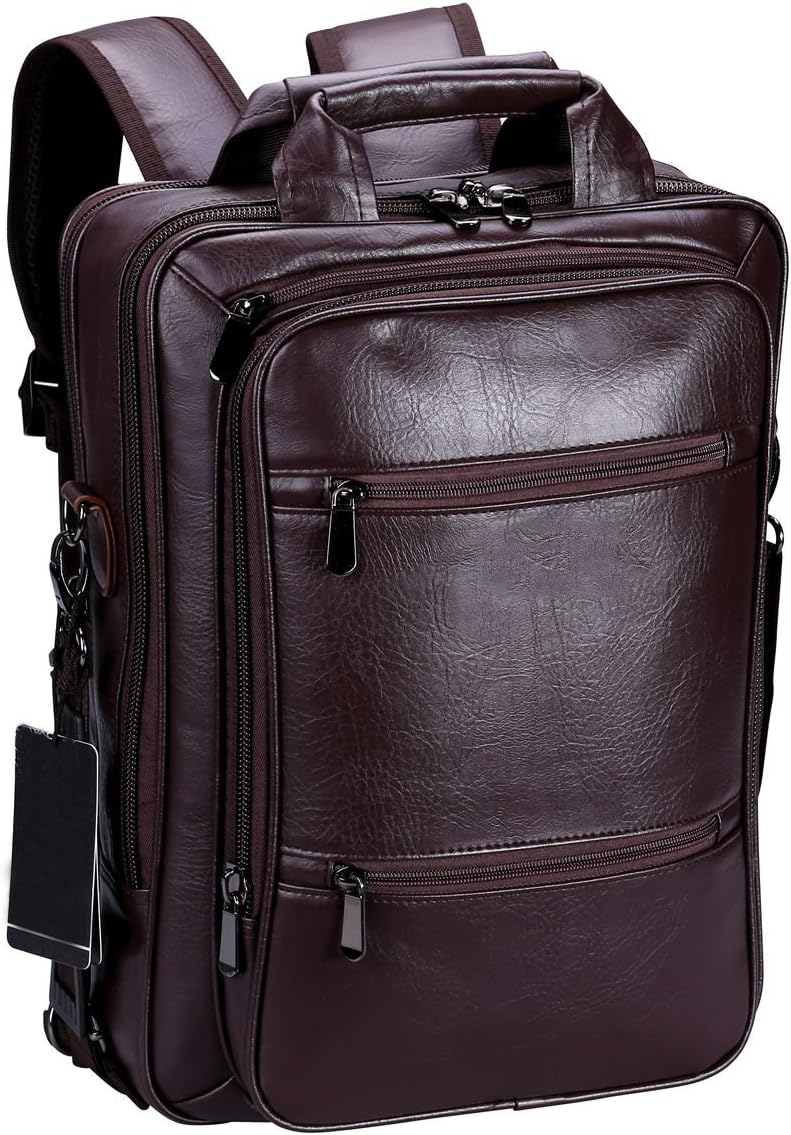 VIDENGPOLO Pro Laptop Leather Backpack Multi-Purpose Rucksack Briefcase Messenger Shoulder Bag Fits Up To 17inch for College School Students Business (S6-Brown)