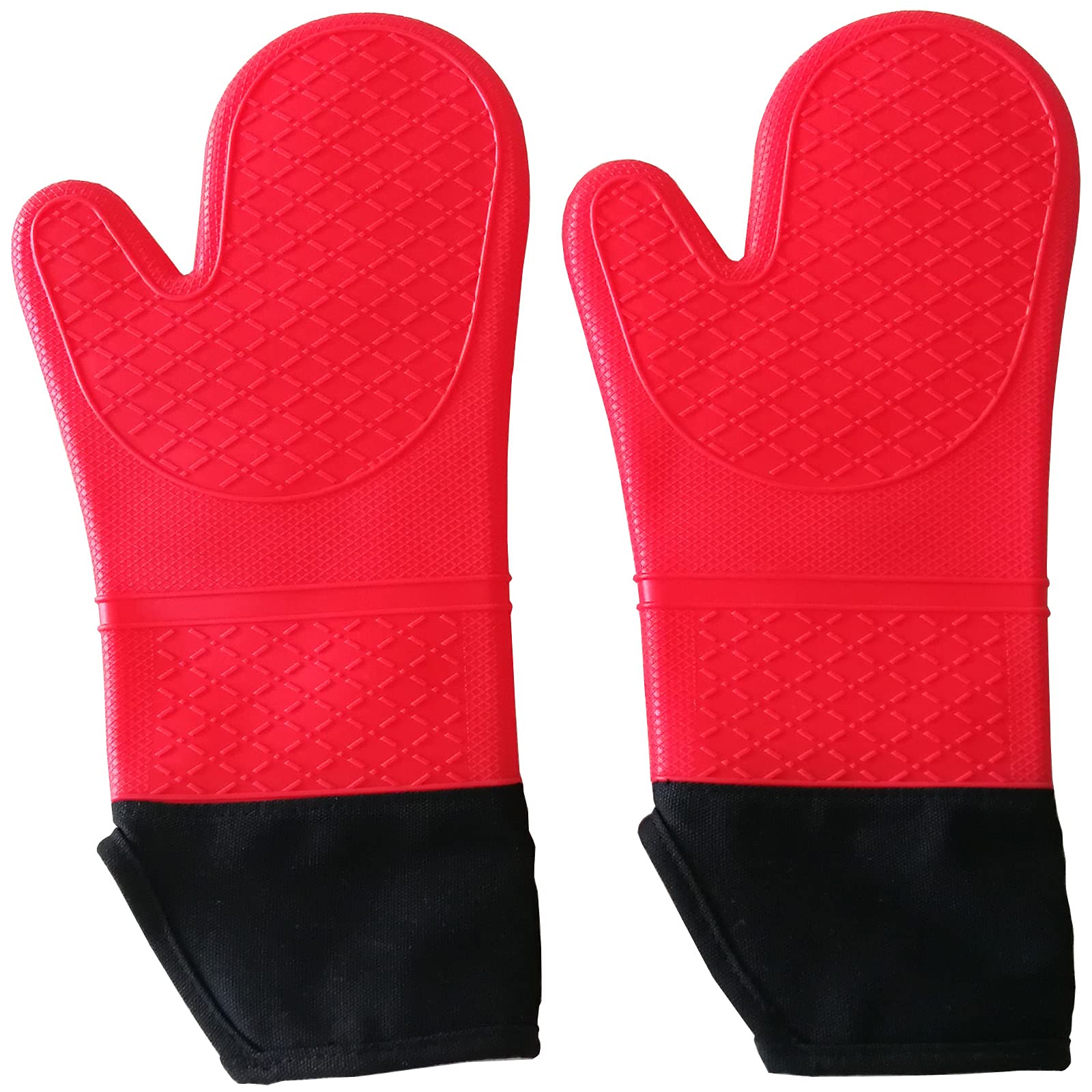 Oven Gloves Heat Resistant Double Sided Non Slip Silicone Oven Mitts BBQ Gloves Waterproof Kitchen Gloves Extra Long for Gilling/Cooking/Baking/Barbecue - 1 Pair Red