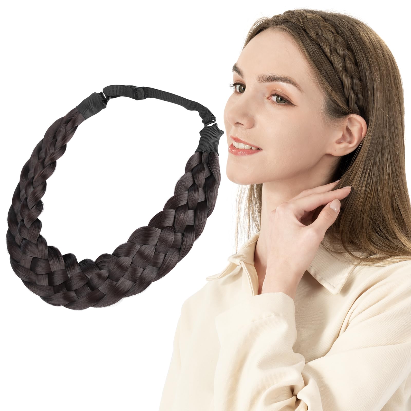 BOBIYA 5 Strand Synthetic Hair Braided Headband Classic Chunky Wide Plaited Braids Elastic Stretch Hairpiece for Women Girl (Dark Chocolate)