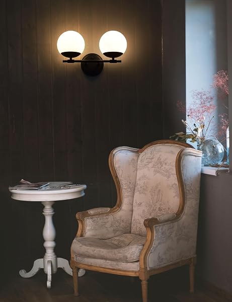 NTSUNXEKO BLACK BATHROOM VANITY LIGHT FIXTURES, 2 LIGHT GLOBE WALL SCONCE LIGHTING OVER MIRROR, MODERN VANITY LIGHTS FOR BATHROOM, MIRROR CABINETS HALLWAY STAIRS, STANDARD E26 BASE, MATTE BLACK