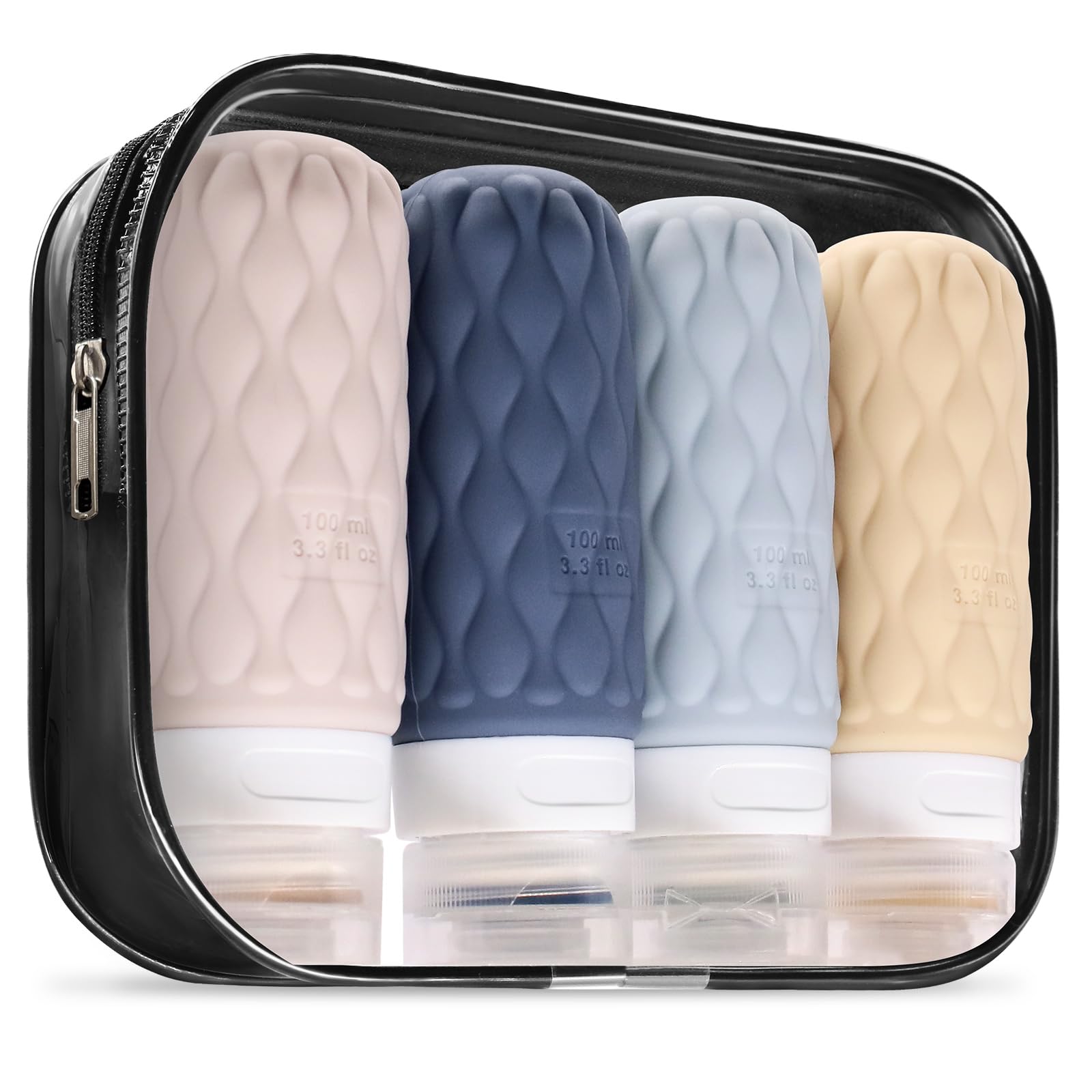 Lericttor 100ml Silicone Travel Bottles for Toiletries with Labels/Clear Bag, Holiday Travel Essentials Leakproof Refillable Squeeze Travel Size Containers Set for Shampoo and Conditioner