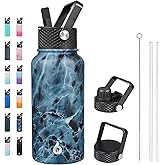 BJPKPK Insulated Water Bottles with Straw Lid, 27oz Stainless Steel Water Bottle with 3 Lids, Leak Proof BPA Free Metal Thermo, Mugs, Tumblers, Keep Cold Hot -Ocean