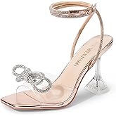 DREAM PAIRS Stiletto Bow Heels for Women Strappy Sparkly Rhinestone Square Toe Clear Crystal High Sandals for Party Wedding