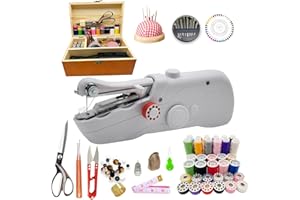 ZASIDLER Handheld Sewing Machine with Exquisite Wooden Storage Box & 142-Piece Sewing Kit - Electric Switch, Dual Power Supply, Assorted Needles, Threads, Heavy Duty Scissors - Meets All Household Sewing Needs