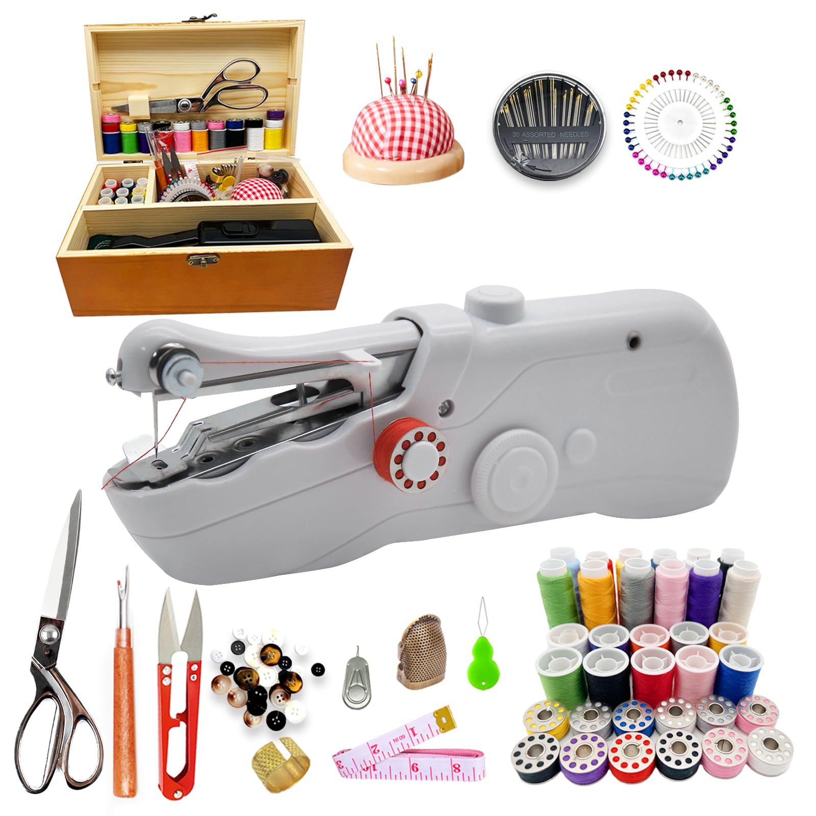Photo 1 of Handheld Sewing Machine with Exquisite Wooden Storage Box & 142-Piece Sewing Kit - Electric Switch, Dual Power Supply, Assorted Needles, Threads, Heavy Duty Scissors - Meets All Household Sewing Needs