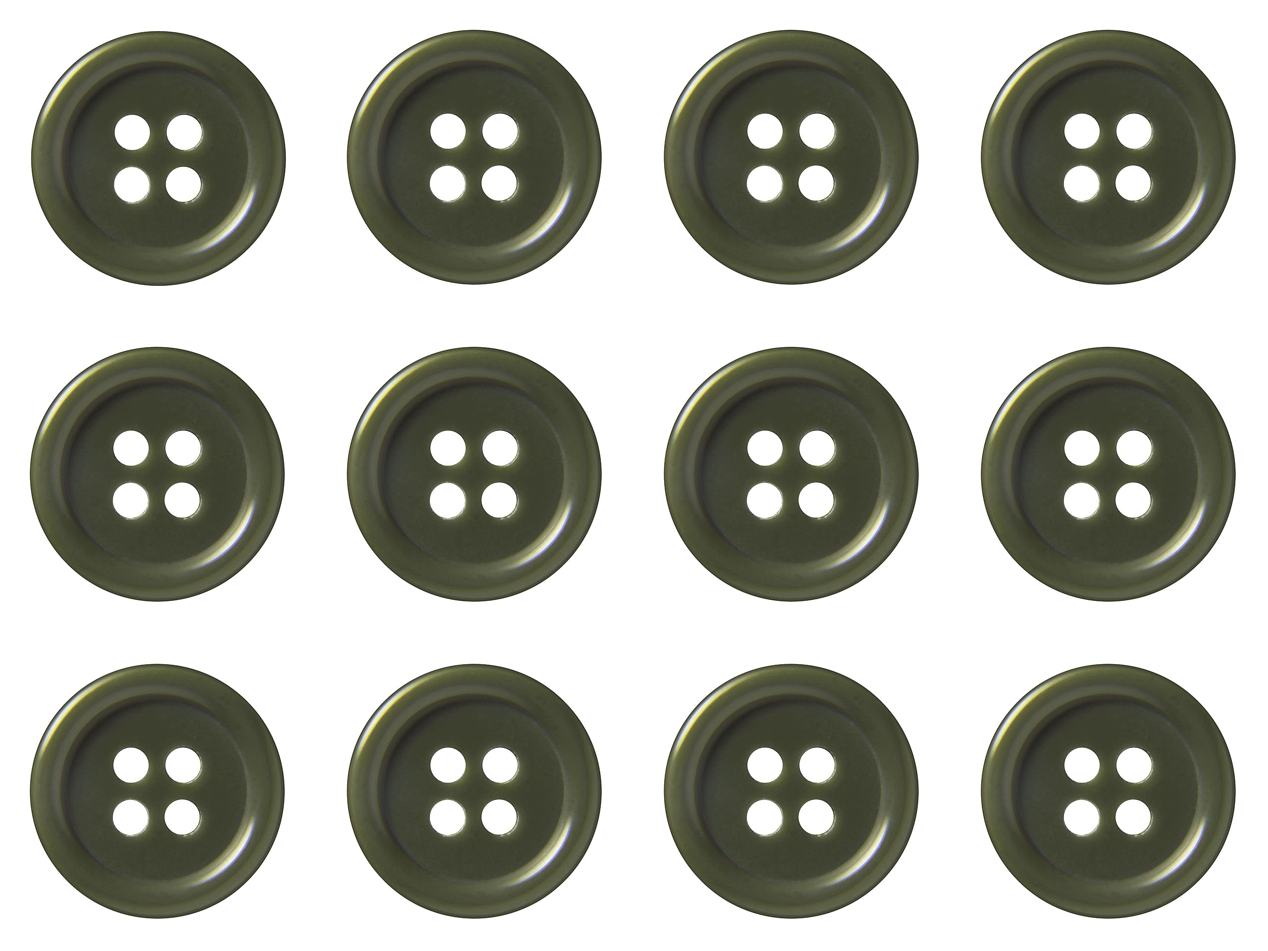 Pack of 12 Olive Green Sew on 15mm Round Buttons Flat 4 Holes 24L 24 Ligne — image 1