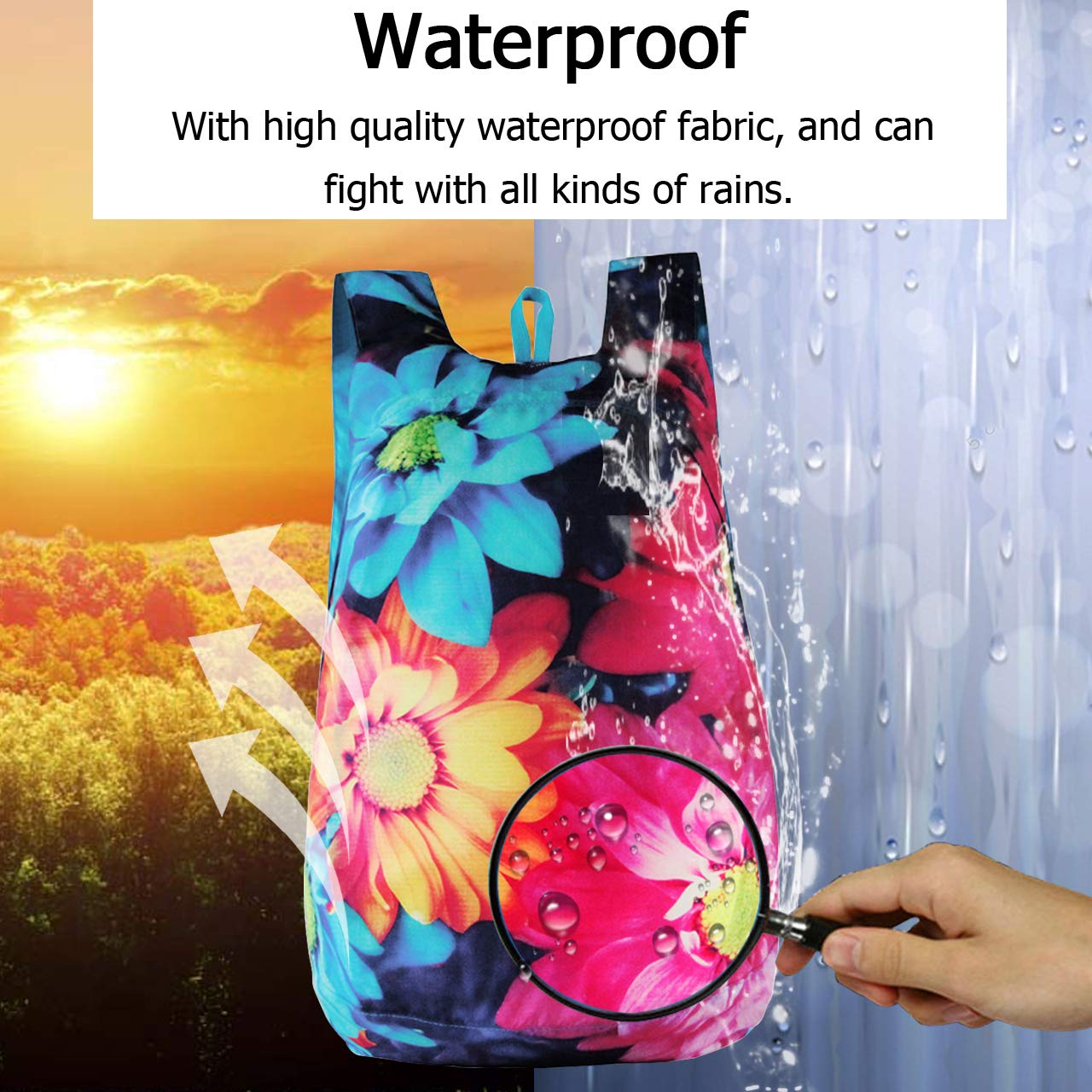 CHIC DIARY 3D Printed Packable Lightweight Travel Hiking Backpack Daypack (Flower(Rose))