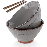 KooK Japanese Ramen Bowls, Microwavable, Dishwasher Safe, Terracotta, for Rice, Udon, Soba, Pho, 36 oz, Carbon Grey, Set of 2, with 2 Sets of Wooden Chopsticks,