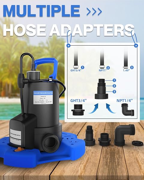 AUTOMATIC POOL COVER PUMP – 1 HP 5000 GPH SUBMERSIBLE WATER PUMP WITH CHECK VALVE AND 3 ADAPTERS, 29.5FT CORD FOR PUMPS ABOVE GROUND AUTOMATIC ON/OFF SYSTEM, SUMP PUMP FOR BASEMENT FLOODS, POND PUMP
