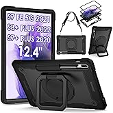 DETUOSI 360 Rotating Case for Samsung Tab S7 FE,S8 Plus,S7 Plus 12.4 Inch | with S Pen Holder &amp; Shoulder Strap,360 Degree Swivel Kickstand Heavy Duty Hybrid Bumper Protective Cover,Black
