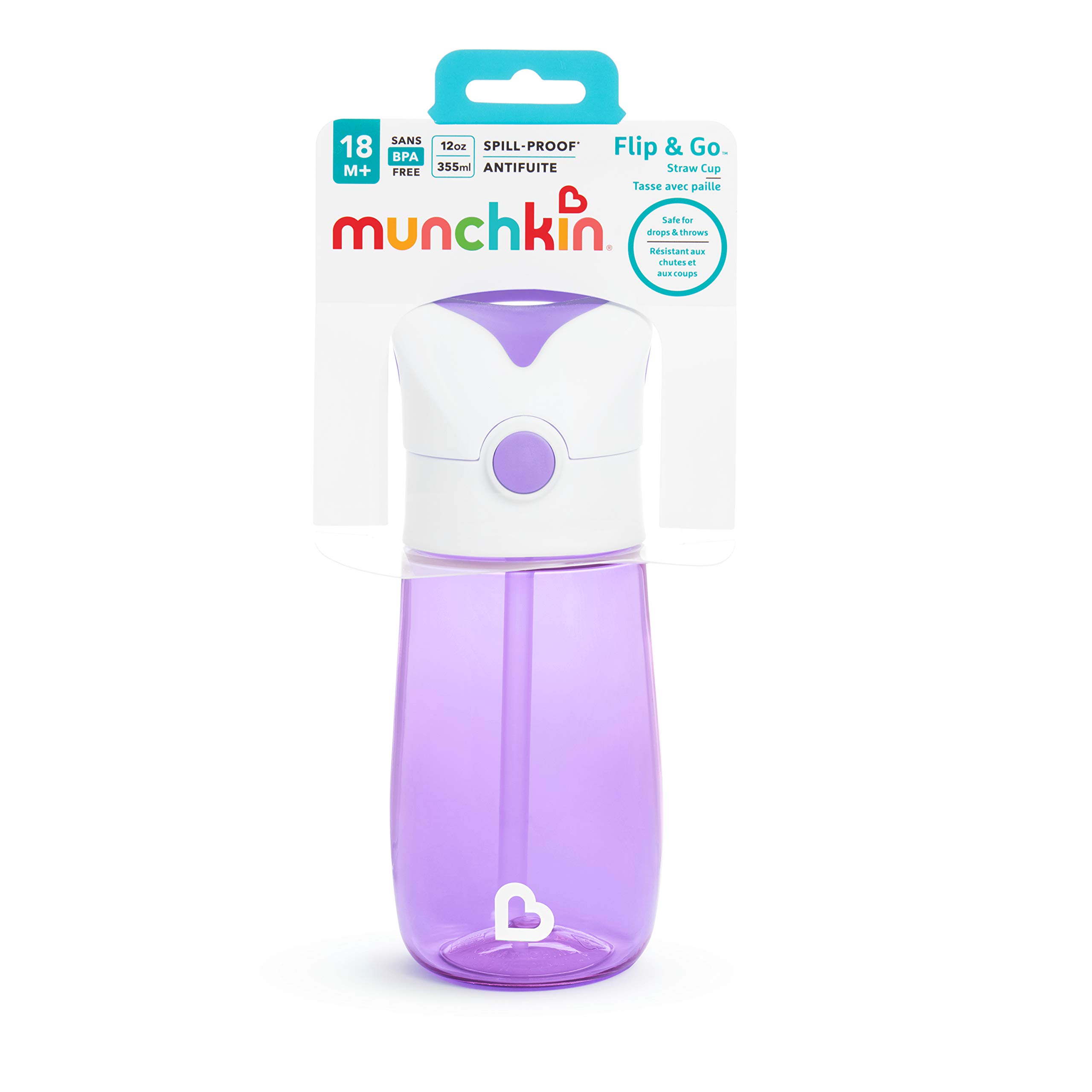 Munchkin Flip & Go Toddler Water Bottle with Straw | Toddler Sippy Cup 12oz/355ml | No-Spill Design | Children and Baby Bottles for Girls and Boys 18m+ | Durable Material | Purple