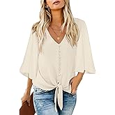 luvamia Women's V Neck Tops 3/4 Sleeve Tie Knot Floral Blouses Button Down Shirts