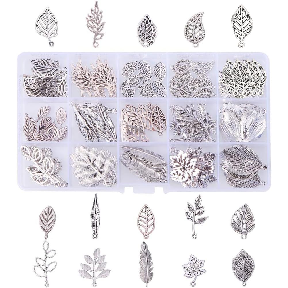 PH PandaHall 150pcs Metal Tree Leaf Charms Pendants, 15 Styles Tibetan Leaves Branch Beads Leaf Spacer Beads for DIY Craft Bracelet Necklace Keychain Jewellery Making, Hole: 1~2.5mm