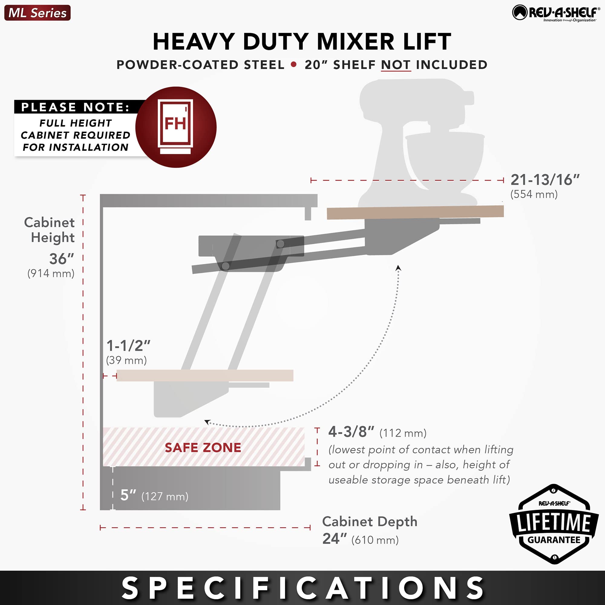 Rev-A-Shelf Kitchen Cabinet Spring Loaded Mixer and Appliance Lift Assist Mechanism for Small Kitchen Appliances w/Soft Close, Zinc, RAS-ML-HDSC