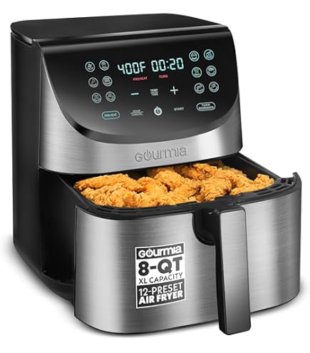 Accessori Per Friggitrice Ad Aria Gourmia GAF856/GAF826 – Vassoio Quadrato Antiaderente 9,8''x9,8'', In Acciaio Inox, Con Maniglia E Paraurti In Gomma