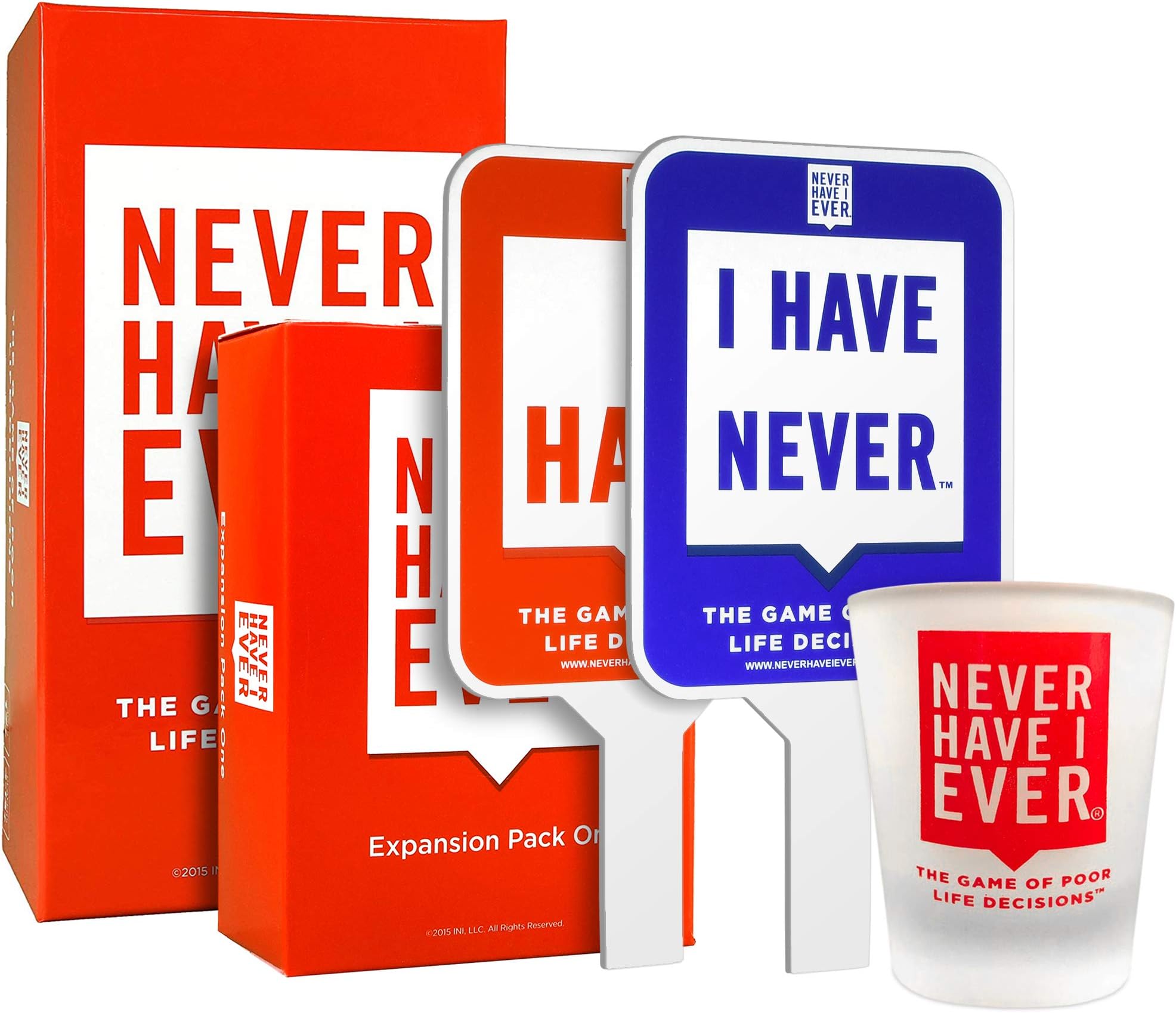 Never Have I Ever Party Pack 4: Original Game, Expansion Pack one, Paddles and a Custom Shot Glass