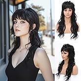 SeclitWu 80s 90s Retro Black Mullet Wigs Pixie Cut Wigs with Bangs for Women Wolf Cut Wig Middle Part Black Synthetic Heat Resistant Fiber Costumes Cosplay Hair Wig for Daily Party Use (22 Inch)