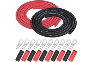 iGreely 4 AWG Gauge Wire Pure Copper Welding Battery Cable for Vehicle Solar,10Ft Black+10Ft Red Flexible OFC Cables with 5pcs of 5/16" & 5pcs 3/8" Copper Lug Terminal Connector Heat Shrink Tubing