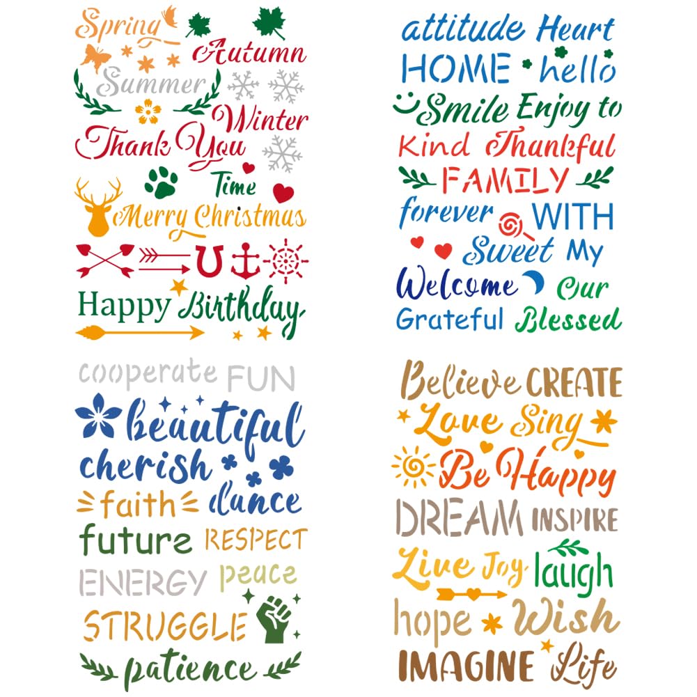 FINGERINSPIRE 4pcs Word Stencils 29.7x21cm Inspirational Word Stencil for Painting Stencils with Text: Happy Birthay, Love, Imagine Life, Grateful Blessed Painting on Wood, Floor, Wall, Fabric — image 1
