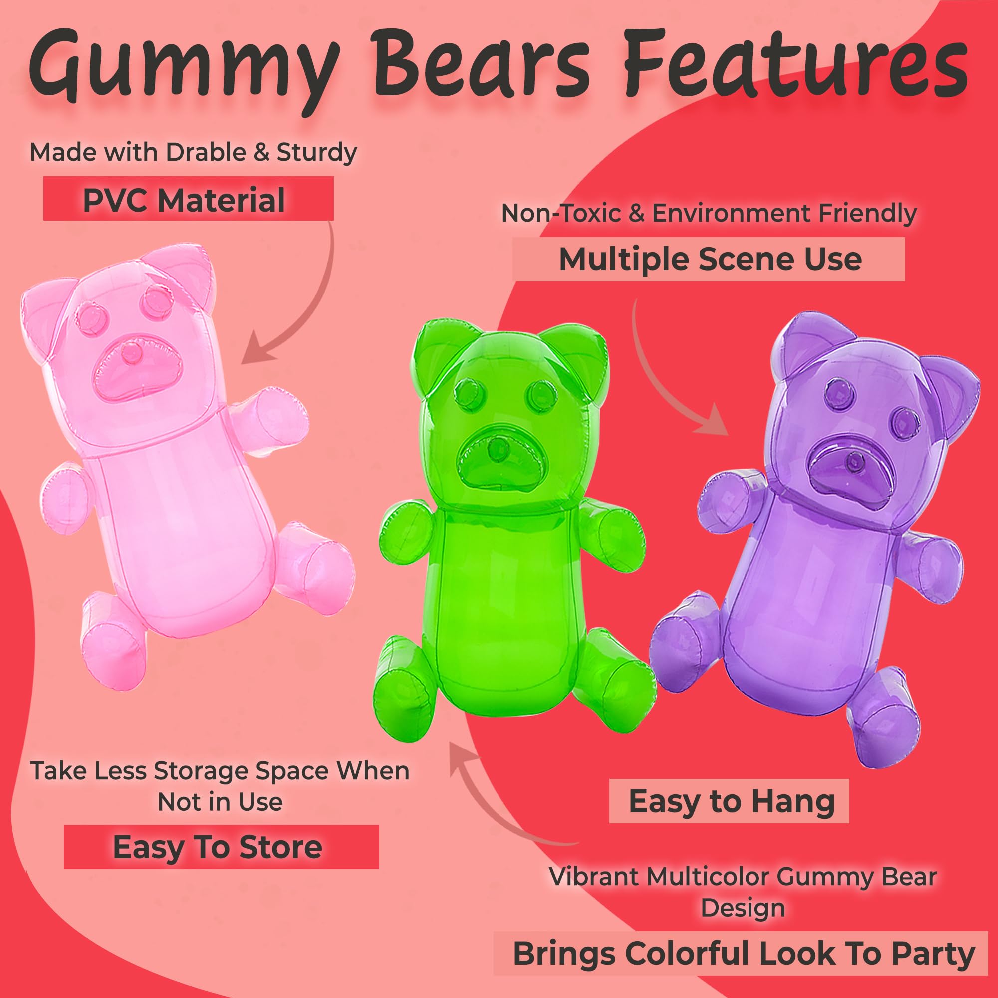 Candyland Party Decorations - 24-Inch Tall Inflatable Gummy Bears - 6 Pack - Vibrant Colors for Candy Themed Parties